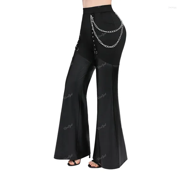 Pantalon Femme Rosegal Plus Taille Noir Flare Chaîne O-Ring PU Cuir Patchwork Oeillet Poche Pantalon 2023 Femmes Mode Casual 4X