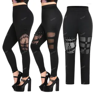 Damesbroek ROSEGAL Grote maten Gothic Kantpaneel Mesh Studs Gekooide uitsparing Zwarte dames Sexy Pull-on legging Skinny broek Mujer 4XL