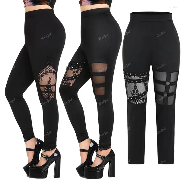 Pantalon Femme Rosegal Plus Taille Gothic Lace Panel Mesh Studs Caged Cutout Noir Femmes Sexy Pull sur Leggings Pantalon Skinny Mujer 4XL