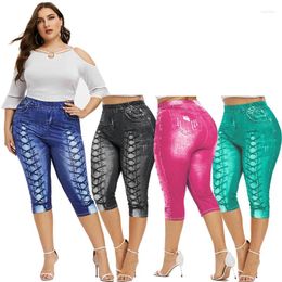Pantalon Femme Rosegal Plus Taille Taille Haute 3D Lace Up Imprimer Capri Leggings Printemps Eté Casual Yoga Sport Crayon Pantalon Mi-mollet Mujer