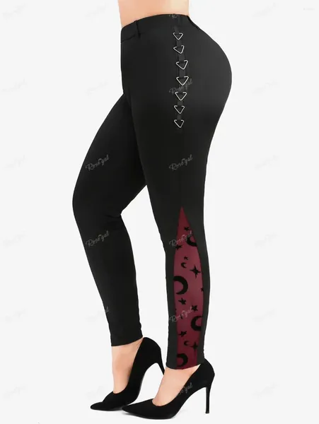 Pantalones de mujer ROSEGAL Leggings de talla grande Panel de malla Luna estrella estampado en capas laterales ajustados pantalones lápiz Casual