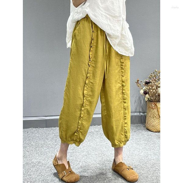 Pantalones de mujer con cordón de volantes Vintage Y2K algodón Lino recortado Pantalones 2023 verano Casual sólido Harem suelto Capris Pantalones