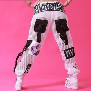 Pantalon femme s 0112 été Hip Hop noir blanc maille voir à travers lâche Streetwear Patchwork grandes poches Joggers 230309