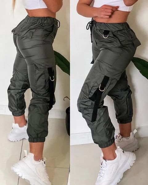 Pantalones para mujer S 2023 Cinta de moda de verano Diseño de bolsillo con parche Casual Cordón de cintura alta Diario con puños largos Y2K Streetwear 231013