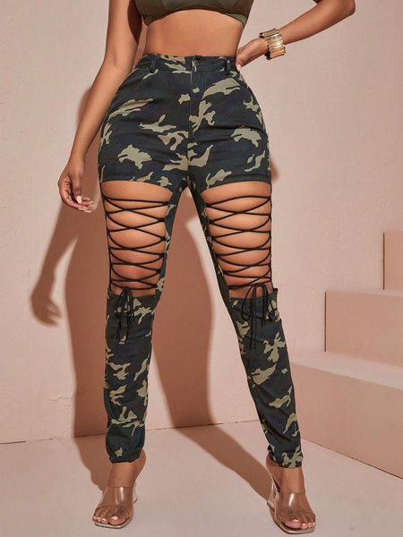 Pantalones de mujer s 2023 Moda Mujer Personalidad Rave Stretch Camo Print Lace Up Front Cut Out Long Skinny Streetwear Mujer 230920