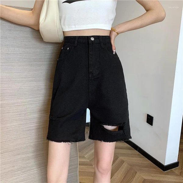 Pantalon Femme S-5XL Été Femmes Trou Genou Longueur Jeans Taille Haute Lâche Droite Denim Shorts Casual Plus Taille Noir Streetwear