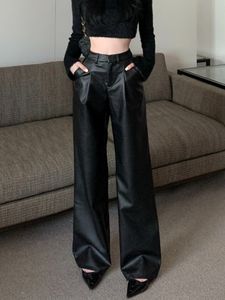 Pantalon femme s noir Y2K pantalon en cuir taille haute élégant décontracté Baggy femme mode coréenne droite jambe large hiver 230322