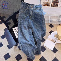Pantalones Mujer Celana Jeans Wanita Denim Kaki Lebar Pinggang Tinggi Longgar Musim Semi dan Panas Cetakan 230515