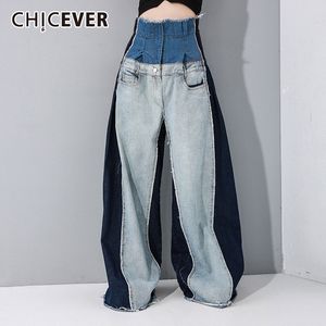 Damesbroek s CHICEVER Blauwe broek voor dames Hoge taille Zakken Hitkleur Grote maat Patchwork Denim Wijde pijpen Vrouwelijke herfstkleding 230630