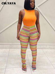 Damesbroek s CM YAYA Streetwear Rainbow Striped Knit Ribbed Ruched Flare Legging INS Active Sport Stretch Hoge taille gestapelde broek 230803