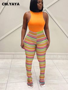 Women s Pants s CM YAYA Streetwear Rainbow Striped Knit Ribbed Ruched Flare Legging INS Active Sport Stretch High Waist Stacked Trousers 230728