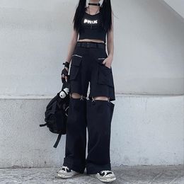 Damesbroek Deeptown Gothic Techwear Emo zwarte cargobroek Punk Oversize uitgeholde broek met wijde pijpen en zakken voor vrouwelijke Goth Hip Hop 230919