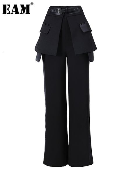 Pantalones de mujer s EAM cintura alta negro irregular cuero largo pierna ancha pantalones sueltos moda primavera otoño 2023 JQ78101 230428