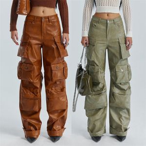 Pantalons pour femmes à la mode européenne et américaine Vêtements de travail multi-poches en cuir 2023 Personnalisé Loose PU Cargo Street 230808