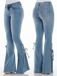 Damesbroeken S Fashion High Taille Flar La Vared Jean Bow Boot Cut Cutual Lady Lace Up Trousers Cowgirl Vintage Blue Bell Bottom Denim Y2K 230105