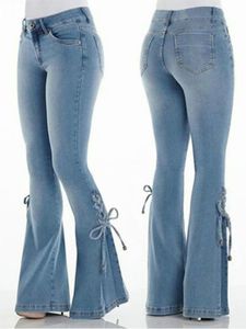 Damesbroeken Mode Hoge taille Uitlopende Jean Bow Boot Cut Casual Dame Veterbroeken Cowgirl Vintage Blue Bell Bottom Denim Y2k 230111