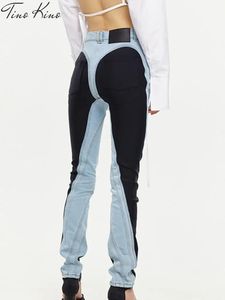 Damesbroeken Mode Patchwork Colorblock Jeans Hoge taille Slanke Casual Rechte Denim Potlood Vrouwelijke 2023 Streetwear 231123