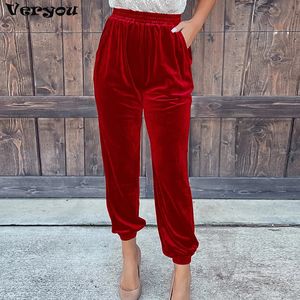 Pantalon femme s à la mode élégant velours rouge pour les femmes automne hiver élastique taille haute décontractée shorts mode solide pantalon ample 231113