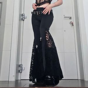 Women s Pants s Goth Mall Celana Flare Seksi Tambal Sulam Renda Hitam Pinggang Tinggi Harajuku Hippie Punk Grunge Pakaian Jalanan Y2k 230517