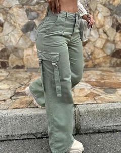 Pantalones para mujer S Diseño de bolsillo de carga verde Botón de cintura alta Color sólido 2023 Moda de verano Ropa informal suelta 231215