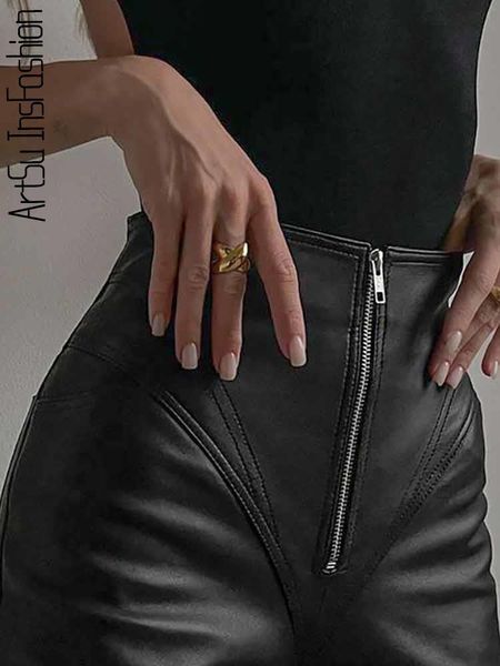 Pantalon femme s taille haute faux cuir PU droite fermeture éclair noir pour femme coupe ajustée pantalon long vêtements 230506