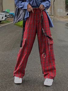 Vrouwen Broek s HOUZHOU Punk Cargo Plaid Broek Gothic Harajuku Rood Geruite Wijde Pijpen Broek Voor Vrouwelijke Herfst Streetwear Hippie mode
