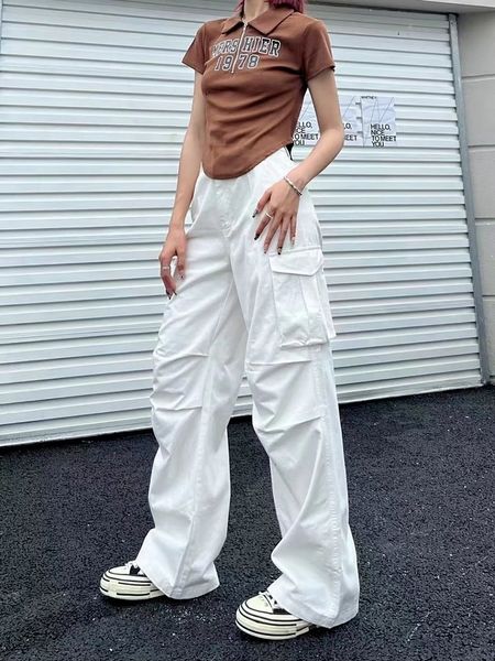 Pantalon Femme S Houzhou Y2K Rétro Blanc Cargo Femmes Vintage 90s Esthétique Surdimensionné Marron Parachute Pantalon Femme Hippie Larges Poches 230506