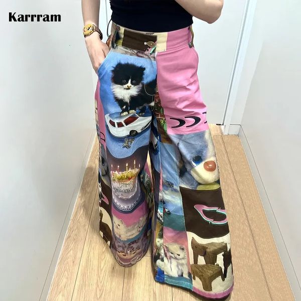 Pantalones para mujer Karrram Japonés Y2k Pierna ancha Harajuku Rosa Cintura alta 2000s Estética Kawaii Gato Imprimir Pantalones Moda coreana Lindo 231009