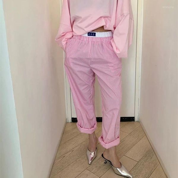 Pantalones para mujer S-L Ropa de estilo coreano Mujeres 2024 Pink Rayas de pierna ancha Verano de cintura alta suelta recta Streetwear Y2K Pantalones