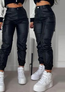 Pantalon cargo long pour femme, tendance de rue personnalisé, design de poche, revers en cuir PU, taille haute, automne hiver 2023, 231005