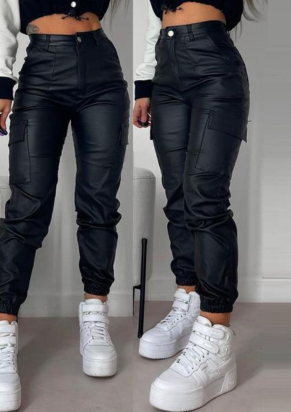 Pantalon femme s Long Cargo Pant 2023 Personnalisé Street Trends Pocket Design Cuff PU Cuir Automne Hiver Taille Haute 230919