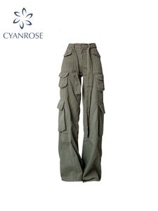 Pantalons pour femmes s Retro Army Green Salopette Large Leg Cargo Femmes Pantalons Sexy Taille Basse Lâche Casual Streetwear 230330