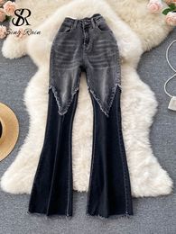 SINGREINY Flare Damesmode Onregelmatige zwarte casual boot-cut broek Hoge taille Elegante streetwear Wijde pijpen broek 230506