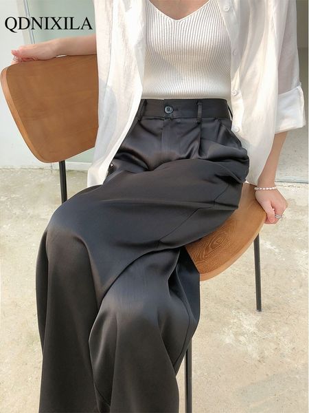 Pantalones de mujeres S Verano Seda de otoño Satén suelto Negro de gran tamaño Retraso de la cintura Alta Corea Corea anchura Pantalones para mujeres 230225