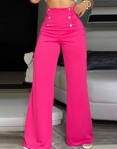 Women's Pants s Summer Women Button Decor High Waist Wide Leg Elegant Loose Trousers Korean Fashion Streetwear 231018