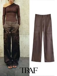 Женские брюки TRAF, женские модные однотонные шелковые атласные брюки-карго на манжетах, 2023, женские брюки Mujer 231018