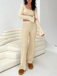 Tweedelige outfitset voor damesbroeken, crop-tops met lange mouwen, ronde hals en loungewear 231118