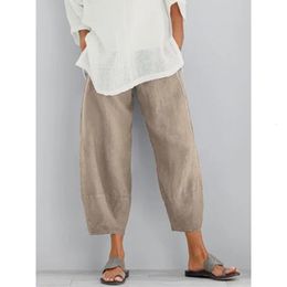Pantalones de mujer s lino de algodón vintage mujeres elástica civil pierna ancha ancha femenina suelta sólida tocadina pantalones de bolsillo 230325