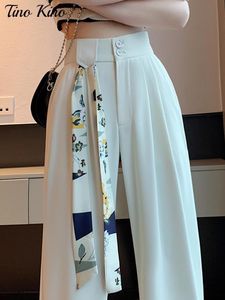 Damesbroeken S Wit High Taille voor vrouwelijke riemen Lente 2023 Koreaanse mode knop Up brede been vrouwelijk kantoor dame casual broek 230506