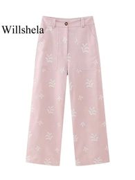 Damenhosen Willshela Frauen Mode Rosa Stickerei Frontreißverschluss Breites Bein Vintage Hohe Taille Ganzkörperansicht Weibliche Chic Lady Hose 231012