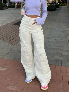 Pantalons pour femmes s Y2K Fashion White Baggy Cargo Arrivals Poches 3D Patched Casual Bottoms Streetwear Stretchy Loose Fit Pantalon évasé 230306