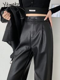 Vrouwen Broek s Yitimoky Hoge Taille Causaal Leer voor Vrouwen 2 Knop Rits Up PU Black Fall Rechte Streetwear broek 230225