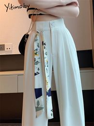 Pantalones de mujer s Yitimoky Pantalones blancos de talle alto para mujer Primavera Moda coreana Pantalones de pierna ancha con botones Pantalones casuales de oficina para mujer 230831