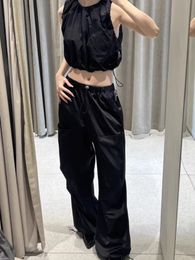 Pantalon Femme s YOZOU Cordon Soie Noir Baggy Fluide Cargo Taille Élastique Confort Surdimensionné Lâche Casual Pantalon Large Jambe Streetwear 230808