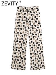 Damesbroeken Zevity Dames Vintage Bloemenprint Recht Vrouwelijk Chic Ritssluiting Achterzak Patch Lange broek Pantalones Mujer P969 231012