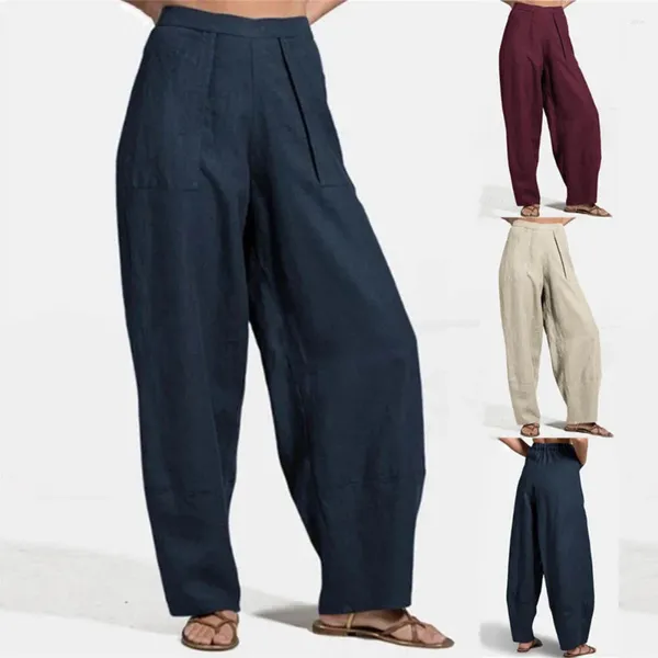 Pantalon féminin sarouel femmes coton d'été mélange pantalon à jambes larges plus taille 5xl poche de port harem lâche harem.
