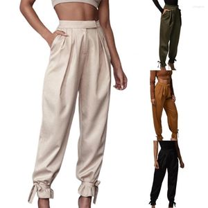 Vrouwen Broek Satijn Lace Up Zachte Hoge Weist Vrouwen Casual Harem Effen Kleur Cargo Geplooide Losse Volledige Lengte Zakken broek Voor Femme