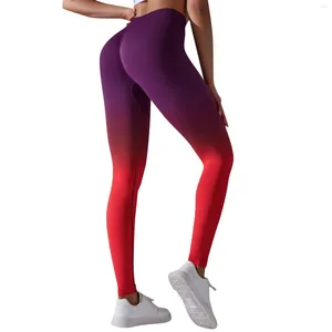 Pantalones de mujer Leggings de yoga degradados sin costuras Deportes Cintura alta Levantamiento de cadera Control de barriga Medias de gimnasio Entrenamiento Fitness Pantalón elástico