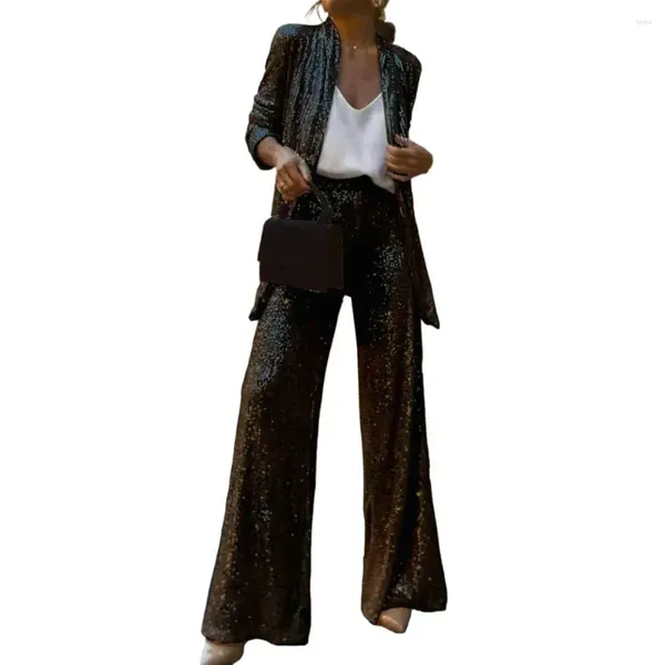 Pantalon pour femmes, Cardigan à paillettes, manteau, Style de déplacement formel, taille haute, jambes larges pour femmes, couleur unie brillante, manches longues