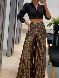 Pantalon évasé à paillettes pour femmes, mode printemps été 2024, taille haute, noir, droit, Long, vêtements de soirée